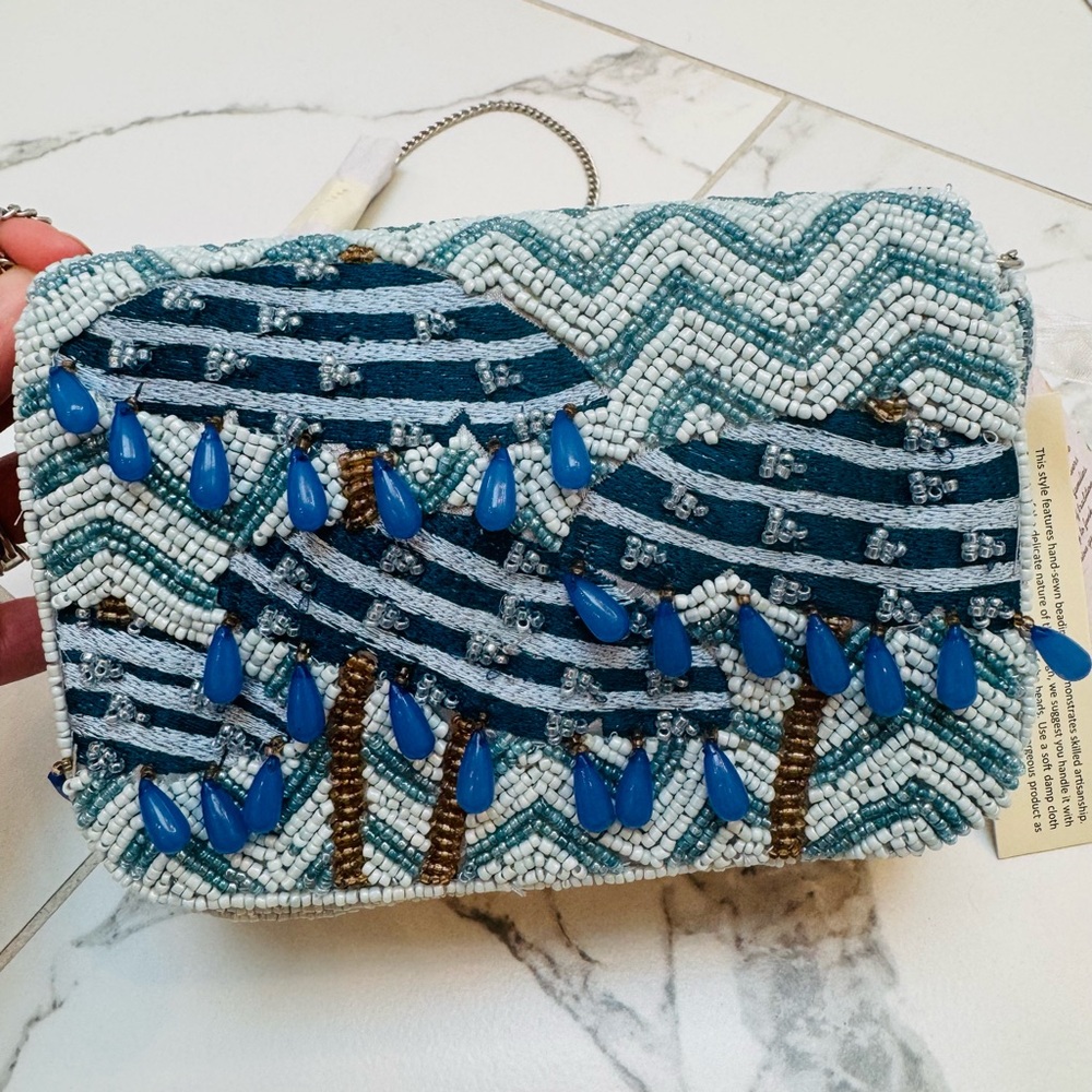 Viral TikTok Beaded Bag Small Blue and White Unbrella Clutch NWT